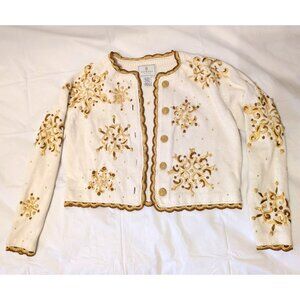 Vintage Express Tricot White & Gold Embroidered Cropped Cardigan Sweater - Women